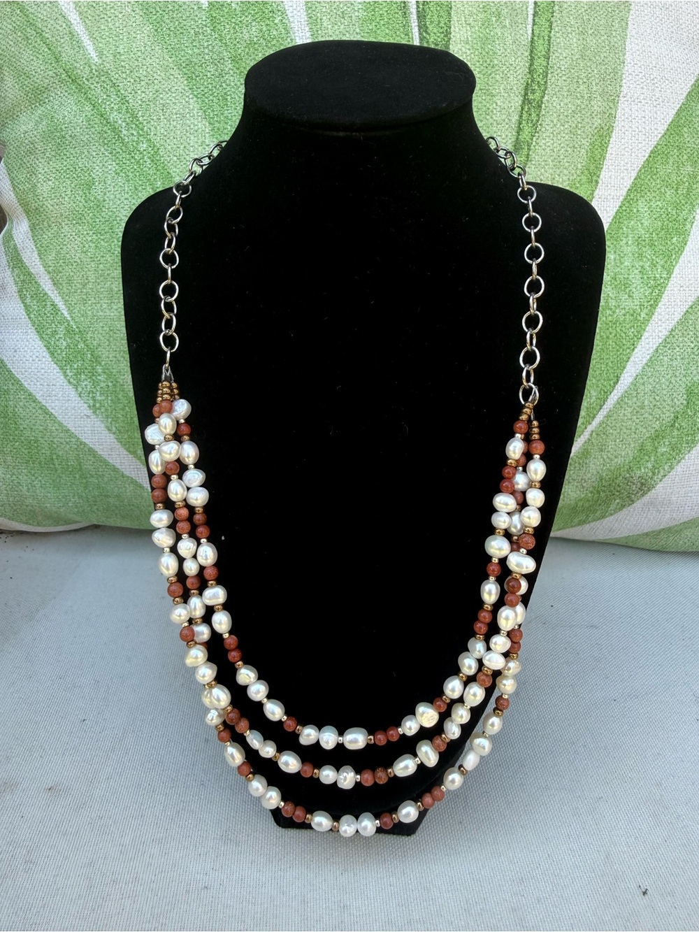 Peyote Bird Freshwater Pearl Goldstone 3 Strand Sterling Silver Necklace